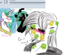 Size: 1024x768 | Tagged: safe, artist:digitaldomain123, derpibooru import, princess celestia, queen chrysalis, oc, oc:digital, alicorn, changeling, pony, ask digital, canon x oc, digital art, kiss mark, lipstick, traditional art, watercolor painting