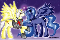 Size: 995x662 | Tagged: safe, artist:anibaruthecat, derpibooru import, princess luna, oc, oc:zeo pony, alicorn, pony, alicorn oc, canon x oc, shipping, solo