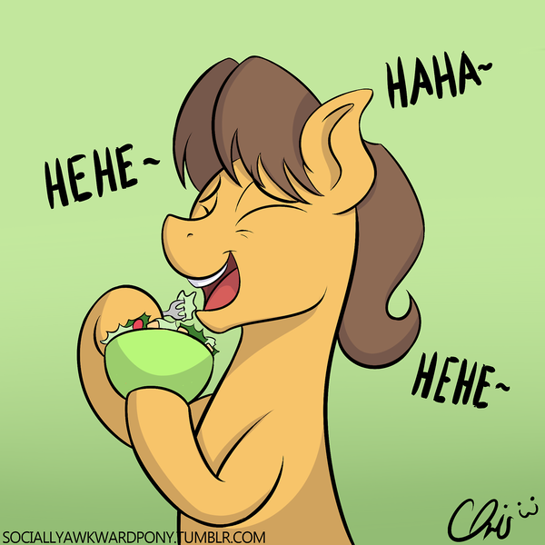 Size: 1280x1280 | Tagged: artist:nekocrispy, ask, bowl, caramel, caramel is awesome, derpibooru import, eating, eyes closed, fork, hate, herbivore, hoof hold, laughing, open mouth, ponies laughing with fruit salad, safe, salad, smiling, socially awkward pony, solo, tumblr