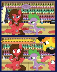 Size: 762x960 | Tagged: safe, artist:edowaado, derpibooru import, big macintosh, carrot cake, spike, oc, dragon, earth pony, pony, :o, bad pickup line spike, comic, crossed legs, female, male, mare, open mouth, spike's witty pickup lines, stallion, sunglasses