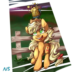 Size: 2800x2800 | Tagged: apple cider, applejack, artist:nekosnicker, derpibooru import, fence, happy, mug, safe, solo, the super speedy cider squeezy 6000