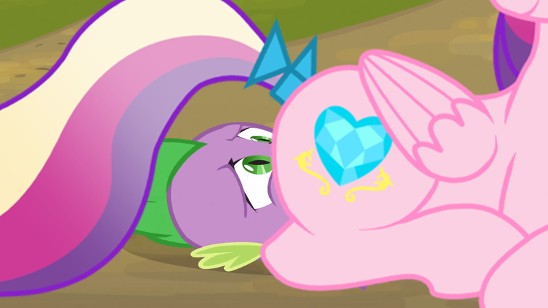 Size: 1280x720 | Tagged: derpibooru import, edit, edited screencap, facesitting, facesitting on spike, female, male, princess cadance, questionable, screencap, shipping, show accurate, show accurate porn, spike, spikedance, straight, tail bow