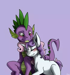 Size: 1024x1099 | Tagged: safe, artist:whitepone, derpibooru import, spike, sweetie belle, :t, blushing, cuddling, cute, eyes closed, fangs, female, hug, male, shipping, smiling, snuggling, spikebelle, straight