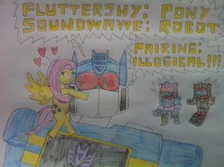 Size: 1024x765 | Tagged: artist:thesinreaper, derpibooru import, fluttershy, frenzy, rumble, safe, soundwave, traditional art, transformers