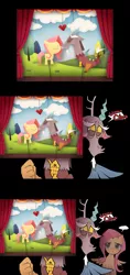 Size: 945x2000 | Tagged: safe, artist:raichi, derpibooru import, discord, fluttershy, ..., blushing, caught, chu, comic, cute, discoshy, discute, embarrassed, female, fluttershy is not amused, male, puppet, puppet theater, shipping, straight, unamused