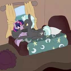 Size: 3000x3000 | Tagged: safe, artist:oddends, derpibooru import, thunderlane, twilight sparkle, twilight sparkle (alicorn), alicorn, pegasus, pony, :o, bed, bedroom eyes, boop, colored pupils, cuddling, cute, eye contact, female, hug, lidded eyes, looking at each other, male, mare, noseboop, nuzzling, one eye closed, prone, shipping, smiling, snuggling, stallion, straight, twilane, window, wing hands, winghug, wink