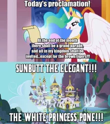 Size: 910x1024 | Tagged: alicorn, canterlot, celestia's proclamation, female, image macro, mare, meme, princess celestia, racism, semi-grimdark, shoshon the elegant, solo, sunbutt, text edit, whitest kids you know