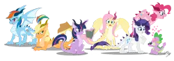 Size: 2009x708 | Tagged: source needed, safe, artist:blood-asp0123, derpibooru import, applejack, fluttershy, pinkie pie, rainbow dash, rarity, spike, twilight sparkle, dragon, applejack's hat, cowboy hat, dragoness, dragonified, dragonjack, engagement ring, female, flutterdragon, hat, heart, heart eyes, male, mane seven, mane six, marriage proposal, pinkiedragon, rainbow dragon, raridragon, shipping, sparity, species swap, straight, transformation, twilidragon, wingding eyes