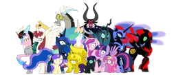 Size: 1600x700 | Tagged: safe, derpibooru import, discord, lord tirek, nightmare moon, pluto, princess cadance, princess celestia, princess erroria, princess luna, princess skyla, queen chrysalis, twilight sparkle, twilight sparkle (alicorn), oc, oc:fausticorn, oc:niggertron, oc:nyx, oc:tiara ultima, oc:ticket, alicorn, pony, 4chan, alicorn oc, meme, red and black oc, simple background, tiara ultima, transparent background