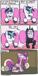Size: 1000x1952 | Tagged: safe, artist:timsplosion, derpibooru import, princess cadance, queen chrysalis, shining armor, alicorn, changeling, changeling queen, pony, unicorn, comic:shining armor is a goddamn moron, alternate scenario, annoyed, bad end, ball and chain, bed, chains, comic, dark comedy, disguise, disguised changeling, fake cadance, female, floppy ears, frown, glare, male, mare, mask, no pupils, on back, open mouth, paper-thin disguise, shining armor is a goddamn moron, sitting, smiling, speech bubble, spy, stallion, team fortress 2, wide eyes