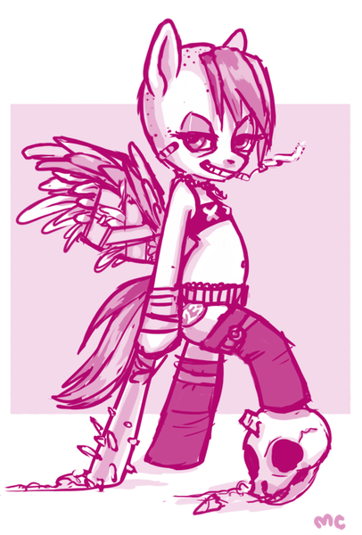 Size: 508x750 | Tagged: artist:mcponyponypony, broken wing, clothes, derpibooru import, monochrome, rainbow dash, semi-anthro, skull, solo, spread wings, suggestive, tank girl