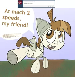 Size: 1280x1316 | Tagged: artist:fillerartist, ask, derpibooru import, featherbot, featherbot answers, featherweight, fine print, raised leg, robot, roboticization, running, safe, solo, speed, tumblr