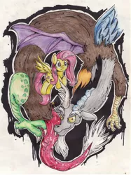 Size: 1784x2384 | Tagged: safe, artist:ilacavgbmjc, derpibooru import, discord, fluttershy, discoshy, female, male, shipping, straight, traditional art