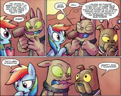 Size: 1281x1020 | Tagged: safe, artist:agnesgarbowska, derpibooru import, idw, rainbow dash, diamond dog, pegasus, pony, friends forever, spoiler:comic, spoiler:comicff6, collar, comic, democracy, dog collar, female, mare, monty python, monty python and the holy grail, monty python's flying circus, mouth hold, official comic, politics, speech bubble