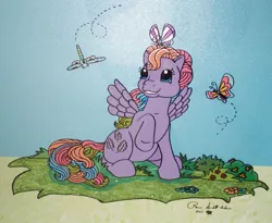 Size: 750x614 | Tagged: safe, artist:lilsugarberry, derpibooru import, tickle (g1), butterfly, dragonfly, insect, pegasus, pony, animation cel, bush, female, flower, g1, grass, mare, one hoof raised, signature, sitting, smiling, traditional art