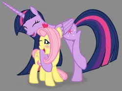 Size: 939x702 | Tagged: safe, artist:darthlena, artist:darthzew, derpibooru import, fluttershy, twilight sparkle, twilight sparkle (alicorn), alicorn, pegasus, pony, blushing, cute, duo, eyes closed, female, gray background, happy, heart, hug, image, jpeg, lesbian, long horn, long legs, mare, older, one eye closed, open mouth, raised leg, shipping, simple background, size difference, smiling, twishy, ultimate twilight, wink