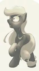 Size: 492x900 | Tagged: safe, artist:phoreen, derpibooru import, applejack, earth pony, pony, monochrome, raised hoof, shocked, shrunken pupils, simple background, solo, wide eyes