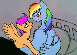 Size: 951x682 | Tagged: suggestive, artist:deadfactory-rd-brony, derpibooru import, rainbow dash, scootaloo, semi-anthro, bed, bedroom eyes, chest fluff, female, foalcon, lesbian, mare on filly, rainbow factory dash, scar, scootadash, shipping