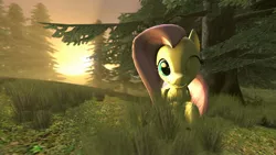 Size: 1920x1080 | Tagged: 3d, artist:funsketch, cute, depth of field, fluttershy, forest, grass, grin, looking at you, relaxing, safe, sitting, smiling, solo, source filmmaker, sunset, tree, wink