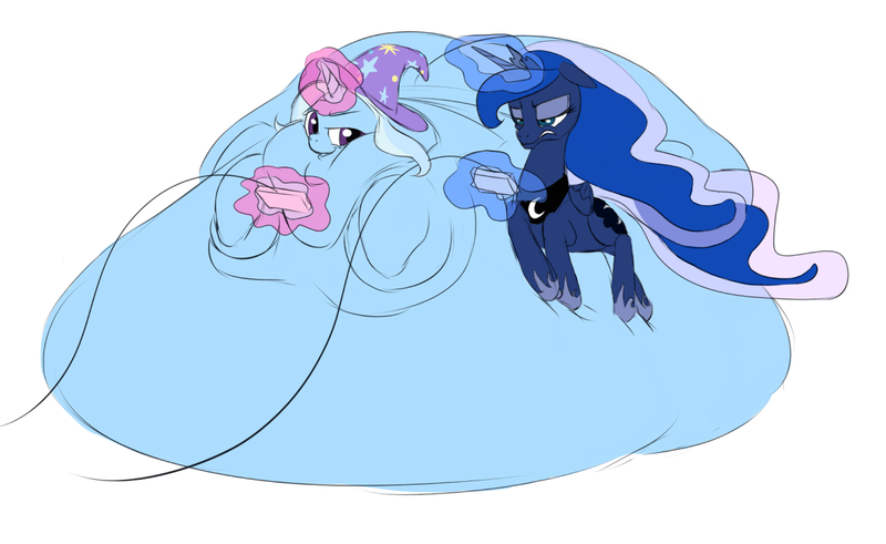 Size: 1127x692 | Tagged: artist:calorie, colored sketch, derpibooru import, fat, immobile, impossibly large belly, impossibly large butt, impossibly large everything, morbidly obese, obese, plot, princess luna, questionable, the great and bountiful trixie, trixie, video game