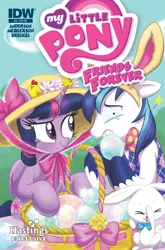 Size: 843x1280 | Tagged: safe, artist:amy mebberson, derpibooru import, idw, angel bunny, shining armor, twilight sparkle, twilight sparkle (alicorn), alicorn, pony, friends forever, bunny ears, comic, cover, easter, easter egg, female, hastings, hat, mare, sun hat