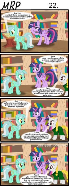 Size: 800x2153 | Tagged: safe, artist:umneem, derpibooru import, lyra heartstrings, twilight sparkle, twilight sparkle (alicorn), oc, oc:dispersion, alicorn, pony, unicorn, comic:my rational pony, book, bookshelf, comic, female, golden oaks library, mare, public service announcement