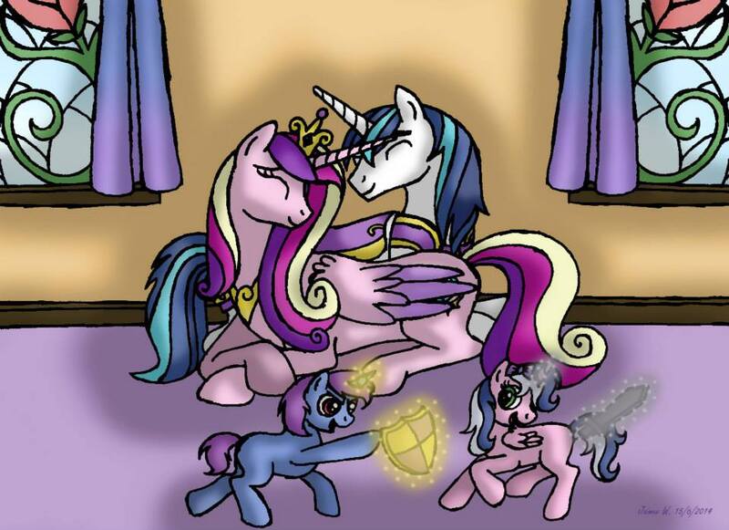 Size: 960x697 | Tagged: artist:lavenderrain24, colt, derpibooru import, family, filly, foal, male, oc, oc:prince castell, oc:princess mercia, offspring, parent:princess cadance, parent:shining armor, parents:shiningcadance, princess cadance, safe, shield, shining armor, shiningcadance, shipping, straight, training, wooden sword