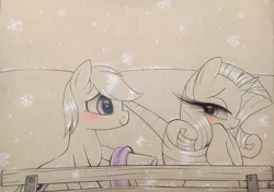 Size: 1118x786 | Tagged: safe, artist:prettypinkpony, derpibooru import, rarity, oc, bedroom eyes, blushing, canon x oc, clothes, eyelashes, monochrome, neo noir, partial color, scarf, sitting, smiling, snow, snowfall, snowflake