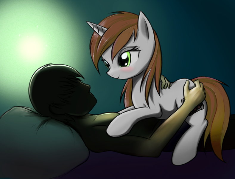 Size: 1207x918 | Tagged: suggestive, artist:fajeh, derpibooru import, edit, oc, oc:anon, oc:littlepip, unofficial characters only, human, pony, unicorn, fallout equestria, fanfic, bed, bedroom, bedroom eyes, blushing, butt grab, butt touch, cutie mark, faceless male, fallout, fanfic art, female, grope, hand on butt, hooves, horn, human on pony action, human on pony snuggling, implied sex, interspecies, male, mare, on back, on top, pillow, prone, recolor, simple background, smiling, snuggling, straight, waifu
