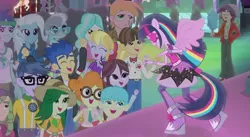 Size: 842x463 | Tagged: safe, derpibooru import, screencap, captain planet, cloudy kicks, flash sentry, microchips, normal norman, silver spoon, trixie, twilight sparkle, wiz kid, equestria girls, perfect day for fun, rainbow rocks, background human, glasses, ponied up