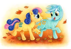 Size: 1000x690 | Tagged: safe, artist:macgreen, derpibooru import, bon bon, lyra heartstrings, sweetie drops, earth pony, pony, unicorn, autumn, bon bon is amused, duo, leaves, looking at each other, running, running of the leaves, smiling, traditional art