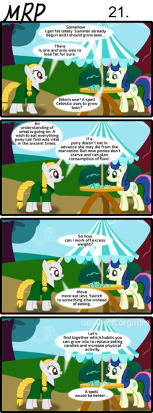 Size: 800x2153 | Tagged: safe, artist:umneem, derpibooru import, bon bon, sweetie drops, oc, oc:dispersion, earth pony, pony, unicorn, comic:my rational pony, 4koma, comic, diet, public service announcement