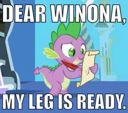 Size: 436x386 | Tagged: suggestive, derpibooru import, edit, edited screencap, screencap, spike, winona, dragon, friendship is magic, caption, exploitable meme, image macro, implied bestiality, leg humping, letter, male, meme, quill, solo, spike's love letters, text, tongue out