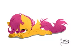 Size: 840x549 | Tagged: artist:jigglybelle, derpibooru import, grumpy, prone, safe, scootaloo, solo, unshorn fetlocks