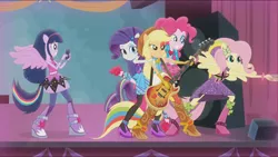Size: 1680x947 | Tagged: safe, derpibooru import, screencap, applejack, fluttershy, pinkie pie, rarity, twilight sparkle, equestria girls, perfect day for fun, rainbow rocks, clothes, high heels, phone, photo, ponied up, stockings, wings