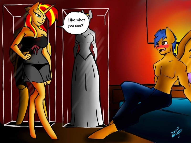 Size: 1280x960 | Tagged: suggestive, artist:burningsnowflakeproductions, derpibooru import, flash sentry, sunset shimmer, anthro, pegasus, unicorn, bare chest, bedroom eyes, belly button, blushing, breasts, busty sunset shimmer, clothes, couple, dress, eyes on the prize, female, flashimmer, grin, honeymoon, image, jpeg, like what you see?, married, nightgown, open mouth, panties, see-through, sexy, shipping, sitting, smiling, spread wings, topless, underwear, wavy mouth, wedding dress, wingboner