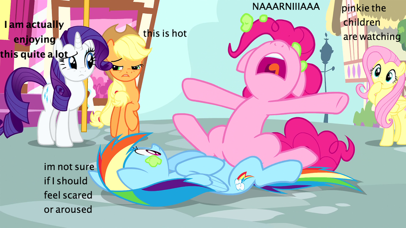 Size: 1280x720 | Tagged: suggestive, derpibooru import, edit, edited screencap, screencap, pinkie pie, rainbow dash, earth pony, pegasus, pony, unicorn, pinkie pride, caption, featureless crotch sex, female, lesbian, mare, narnia, out of context, pinkiedash, shipping, tribadism