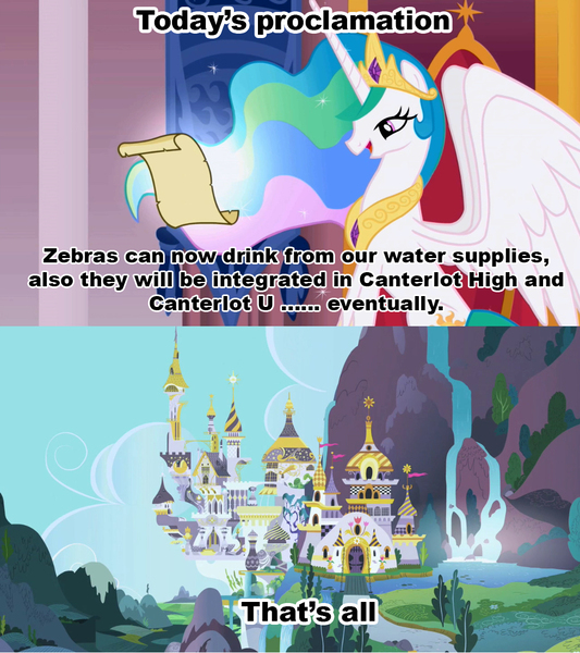 Size: 1021x1149 | Tagged: safe, derpibooru import, edit, edited screencap, screencap, princess celestia, alicorn, pony, canterlot, caption, celestia's proclamation, exploitable meme, female, image macro, magic, mare, meme, mouthpiece, out of character, racism, segregation, solo, telekinesis, text