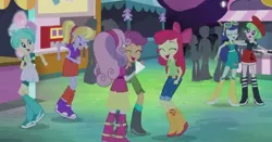 Size: 1243x651 | Tagged: safe, derpibooru import, screencap, apple bloom, blueberry cake, cloudy kicks, curly winds, drama letter, scootaloo, some blue guy, sweetie belle, tennis match, watermelody, equestria girls, rainbow rocks, background human, boots, cutie mark crusaders, dancing, shoes