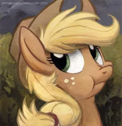 Size: 488x504 | Tagged: applejack, artist:kenket, artist:spainfischer, derpibooru import, discorded, liar face, liarjack, portrait, safe, scrunchy face, shifty eyes, solo, traditional art