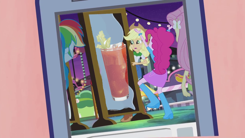 Size: 1280x720 | Tagged: safe, derpibooru import, edit, edited screencap, screencap, applejack, fluttershy, pinkie pie, rainbow dash, equestria girls, perfect day for fun, rainbow rocks, baseball, bloody mary, boots, bracelet, clothes, food, high heel boots, hot dog, jewelry, meat, mirror, pinkie's amazing mirror, pun, raised leg, rear view, sausage, skirt