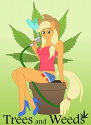 Size: 762x1049 | Tagged: 420, anthro, applejack, artist:thefieldsofice, belly button, breasts, clothes, crossover, cutie mark, derpibooru import, female, hat, high heels, hose, looking at you, marijuana, nipple outline, plantigrade anthro, pony trail, pot, shorts, sitting, smiling, solo, suggestive, trees and weeds, water