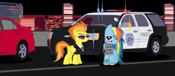 Size: 11096x4840 | Tagged: absurd resolution, arrested, artist:artistbrony, bracelet, car, chevrolet, chevrolet tahoe, chevy, cuffs, derpibooru import, piercing, police, police officer, rainbow dash, sad, safe, spitfire, toyota, toyota corolla