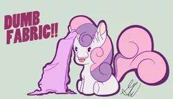 Size: 1400x800 | Tagged: safe, artist:gordonion, derpibooru import, sweetie belle, :3, dumb fabric, fabric, glare, open mouth, simple background, sitting, smiling, solo, underhoof, wat