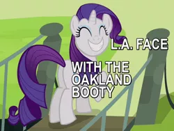 Size: 600x450 | Tagged: safe, derpibooru import, edit, edited screencap, screencap, rarity, pony, castle mane-ia, baby got back, bridge, caption, eyes closed, female, grin, happy, mare, plot, sir mix-a-lot, smiling, solo, song reference