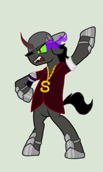Size: 768x1280 | Tagged: armor, artist:tavrosbrony, backwards ballcap, clothes, derpibooru import, eye mist, gold chains, green eyes, hat, king sombra, microphone, rapping, safe, semi-anthro, sharp teeth, shirt, simple background, solo, sombra eyes, standing, white background