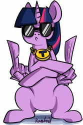 Size: 1360x2048 | Tagged: safe, artist:yukomaussi, derpibooru import, twilight sparkle, twilight sparkle (alicorn), alicorn, pony, double deuce, like a boss, middle feather, middle finger, solo, sunglasses, too cool for school, vulgar, wing hands