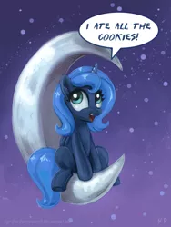 Size: 900x1200 | Tagged: artist:kp-shadowsquirrel, awesome face, crescent moon, derpibooru import, filly, happy, moon, open mouth, princess luna, safe, sitting, smiling, solo, tangible heavenly object, transparent moon, woona