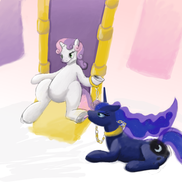 Size: 2000x2000 | Tagged: suggestive, derpibooru import, princess luna, sweetie belle, collar, female, foal, foaldom, hoof fetish, hoof licking, leash, lesbian, licking, lunabelle, throne, tongue out, underhoof