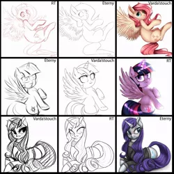 Size: 1024x1024 | Tagged: safe, artist:eternyan, artist:vardastouch, artist:yukomaussi, derpibooru import, fluttershy, rarity, twilight sparkle, twilight sparkle (alicorn), alicorn, pony, female, mare, monochrome